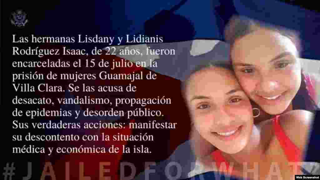 Hermanas Rodríguez Isaac en la campaña #PresosPorQué del Departamento de Estado