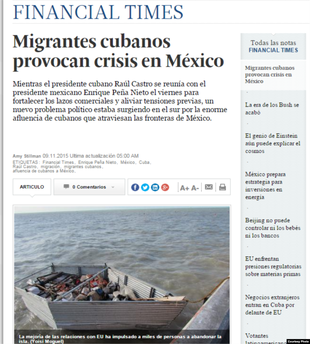 Según Financial Times, los oficiales mexicanos de migración advierten que el número de cubanos que llegan a través de la frontera sigue aumentando aunque el presidente mexicano, Enrique Peña Nieto, y el mandatario cubano, Raúl Castro, acaban de firmar un acuerdo. 